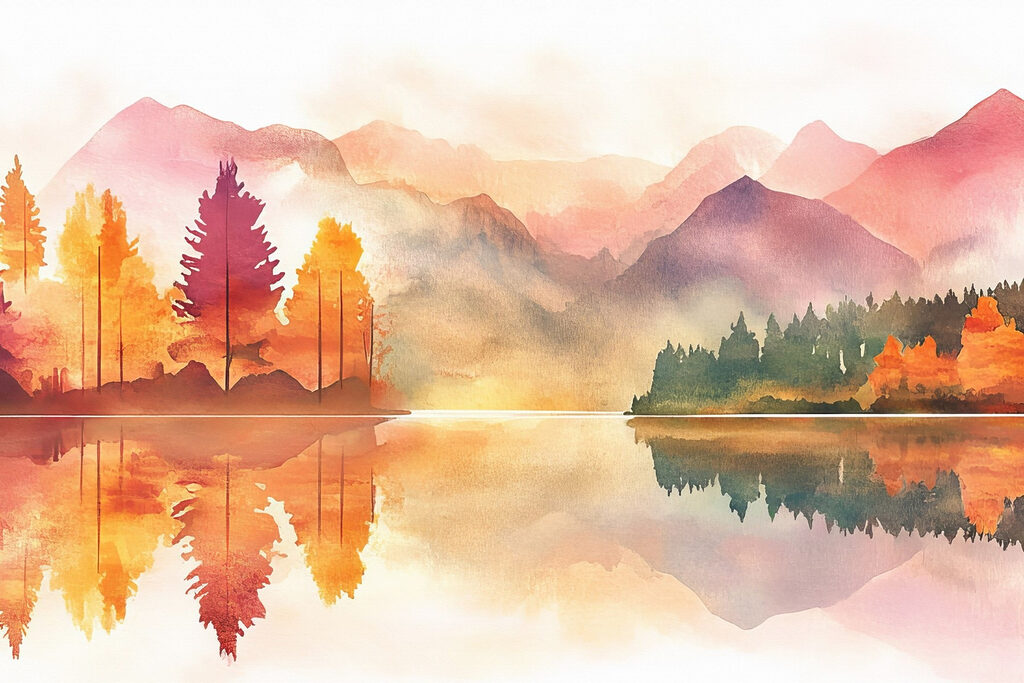 Watercolor painting of a lake with trees and mountains in the background