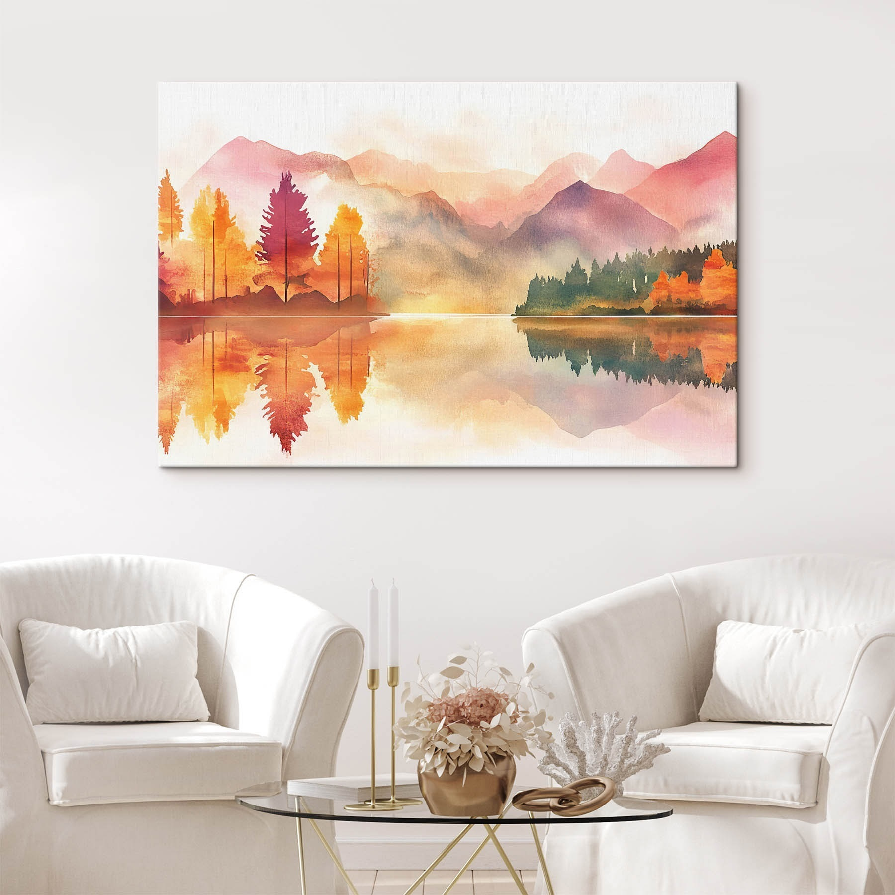 Watercolor painting of a lake with trees and mountains in the background