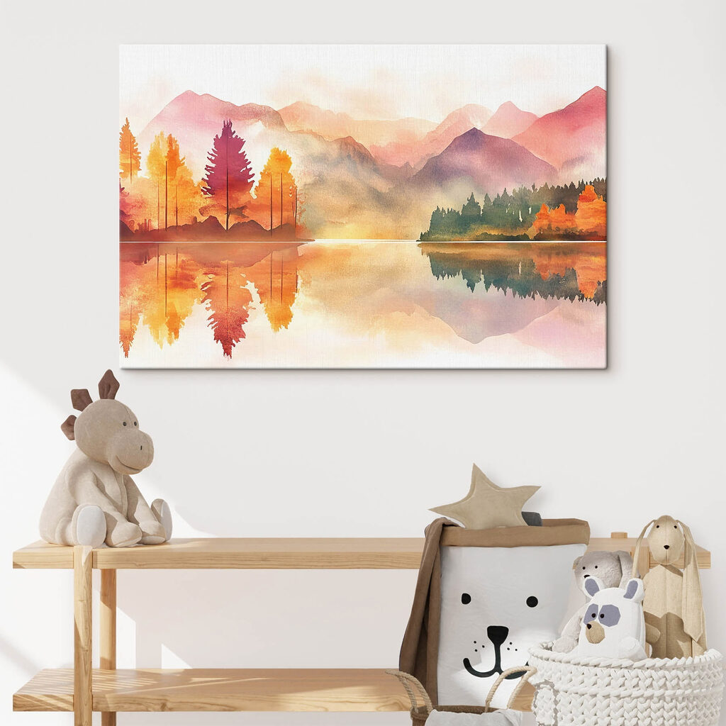 Watercolor painting of a lake with trees and mountains in the background