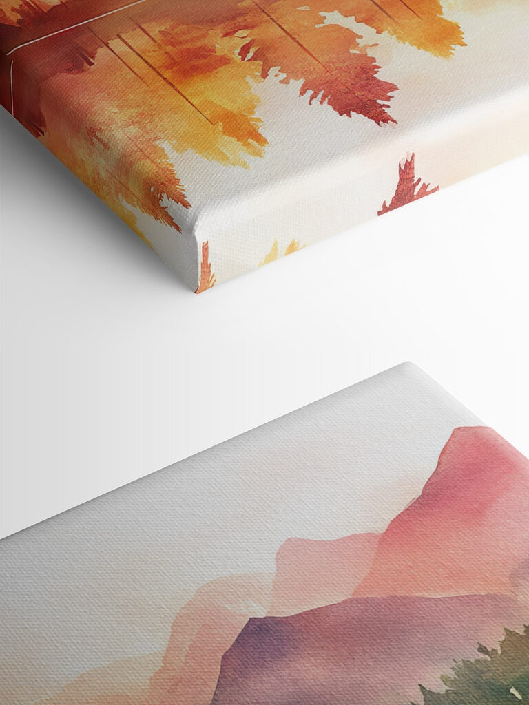 Watercolor painting of a lake with trees and mountains in the background