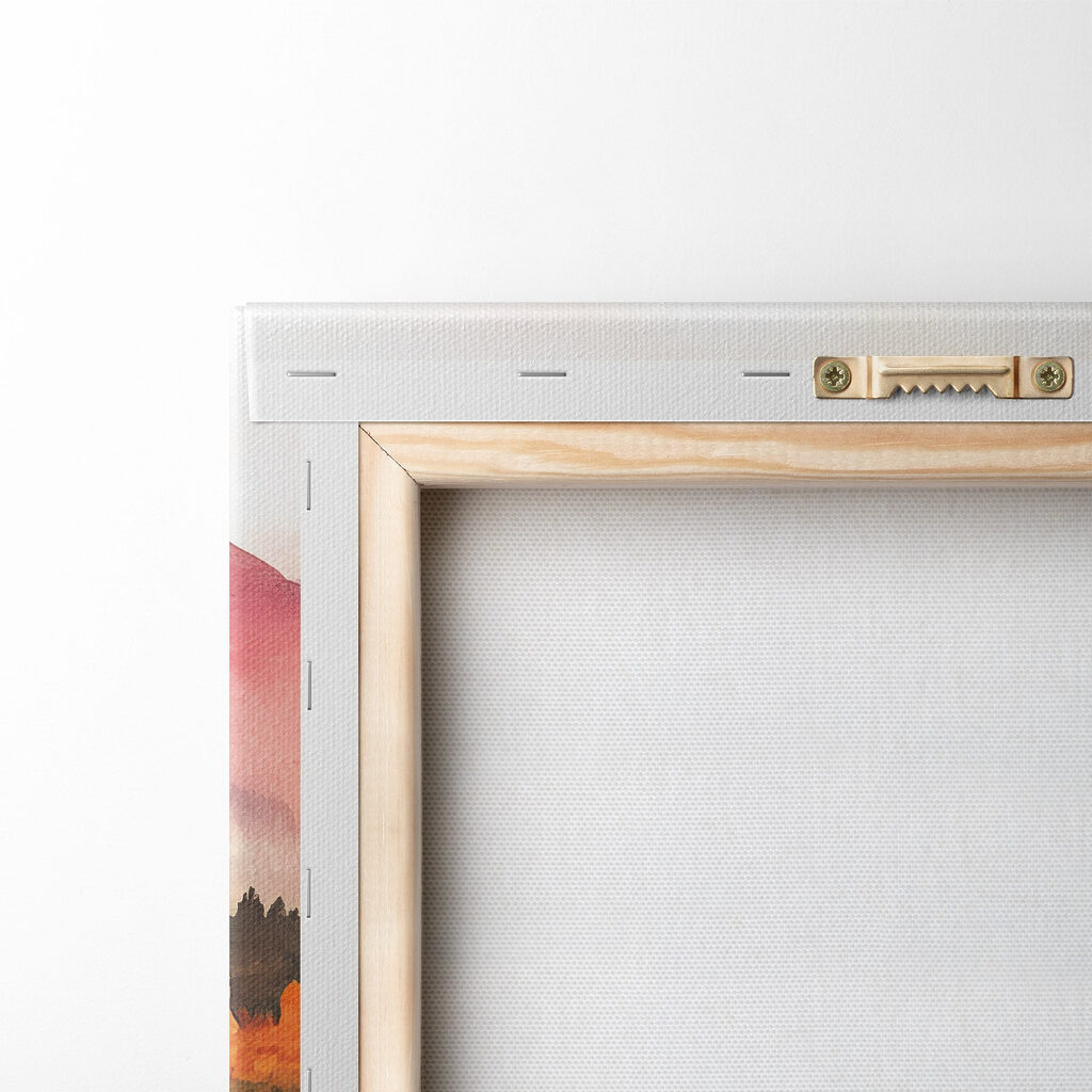 Watercolor painting of a lake with trees and mountains in the background