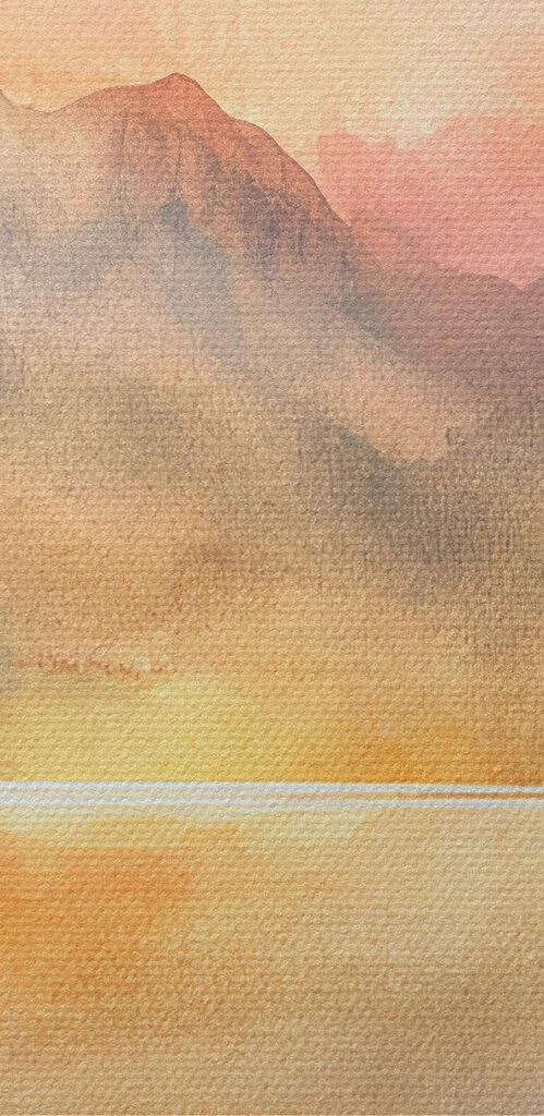 Watercolor painting of a lake with trees and mountains in the background