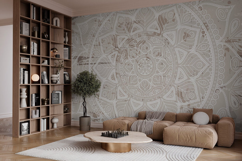 White mandala on a brown surface White mandala on a brown surface