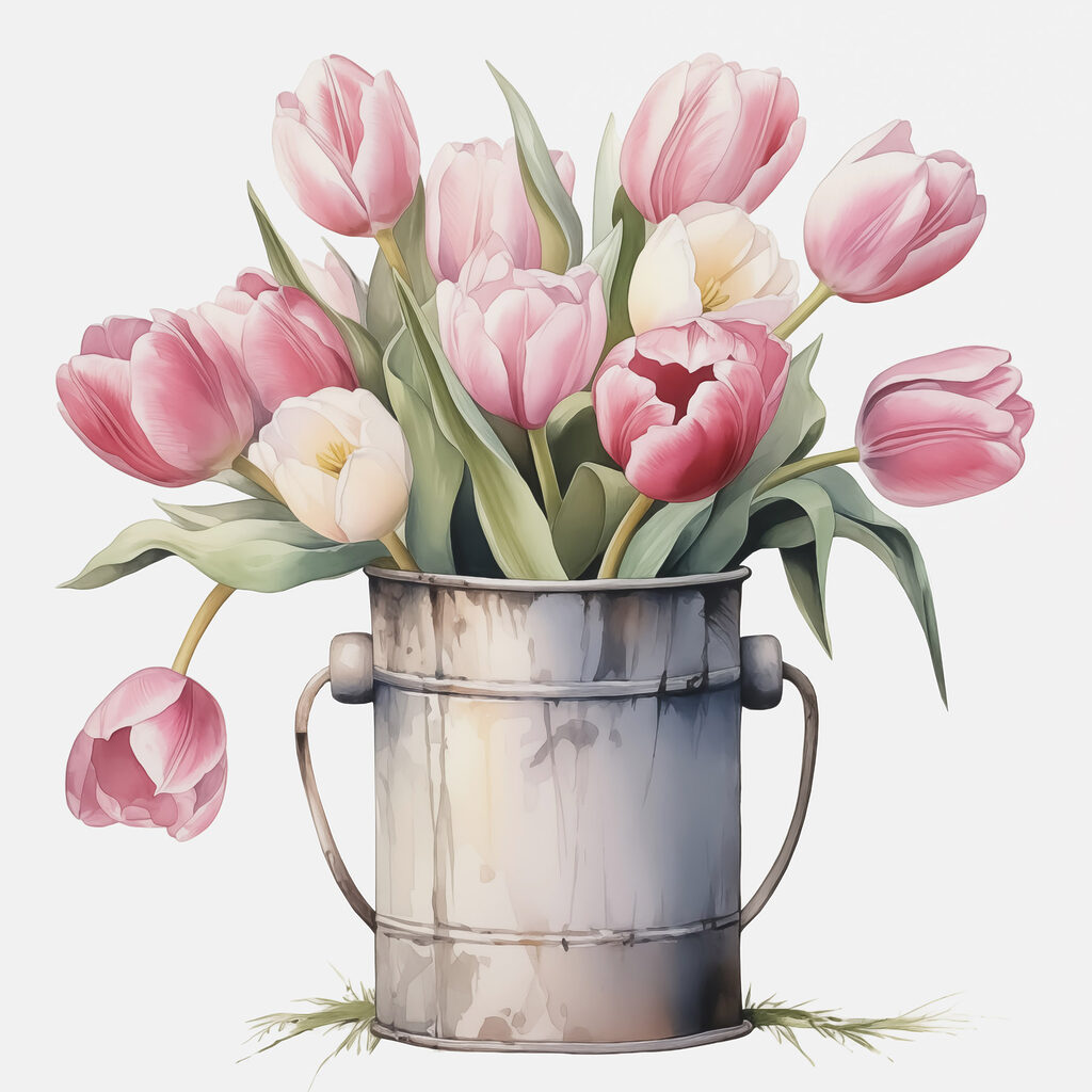 Painting of pink tulips in a metal bucket