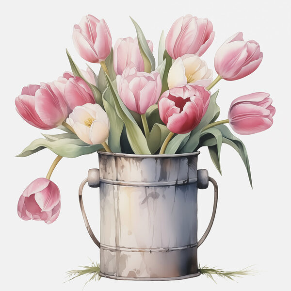 Maľovanie ružových tulipánov v kovovom vedre Maľovanie ružových tulipánov v kovovom vedre