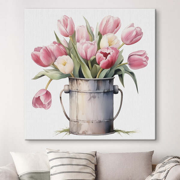 Maľovanie ružových tulipánov v kovovom vedre Maľovanie ružových tulipánov v kovovom vedre