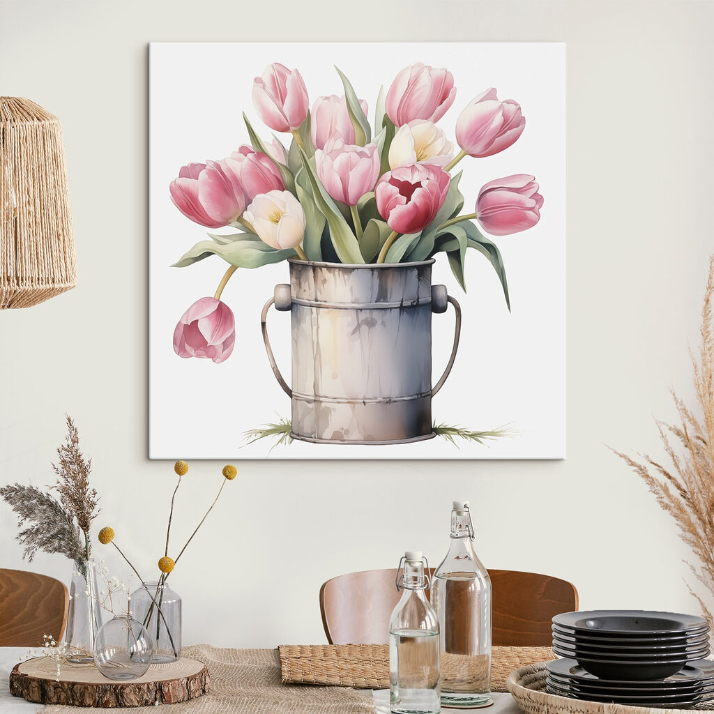 Painting of pink tulips in a metal bucket