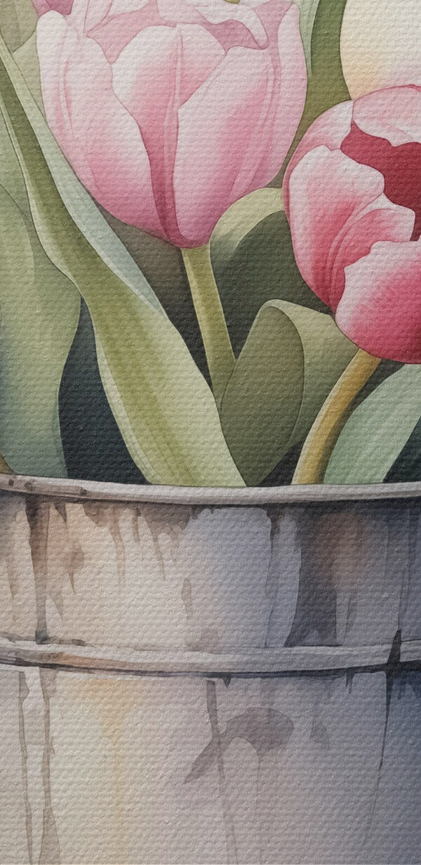 Maľovanie ružových tulipánov v kovovom vedre Maľovanie ružových tulipánov v kovovom vedre