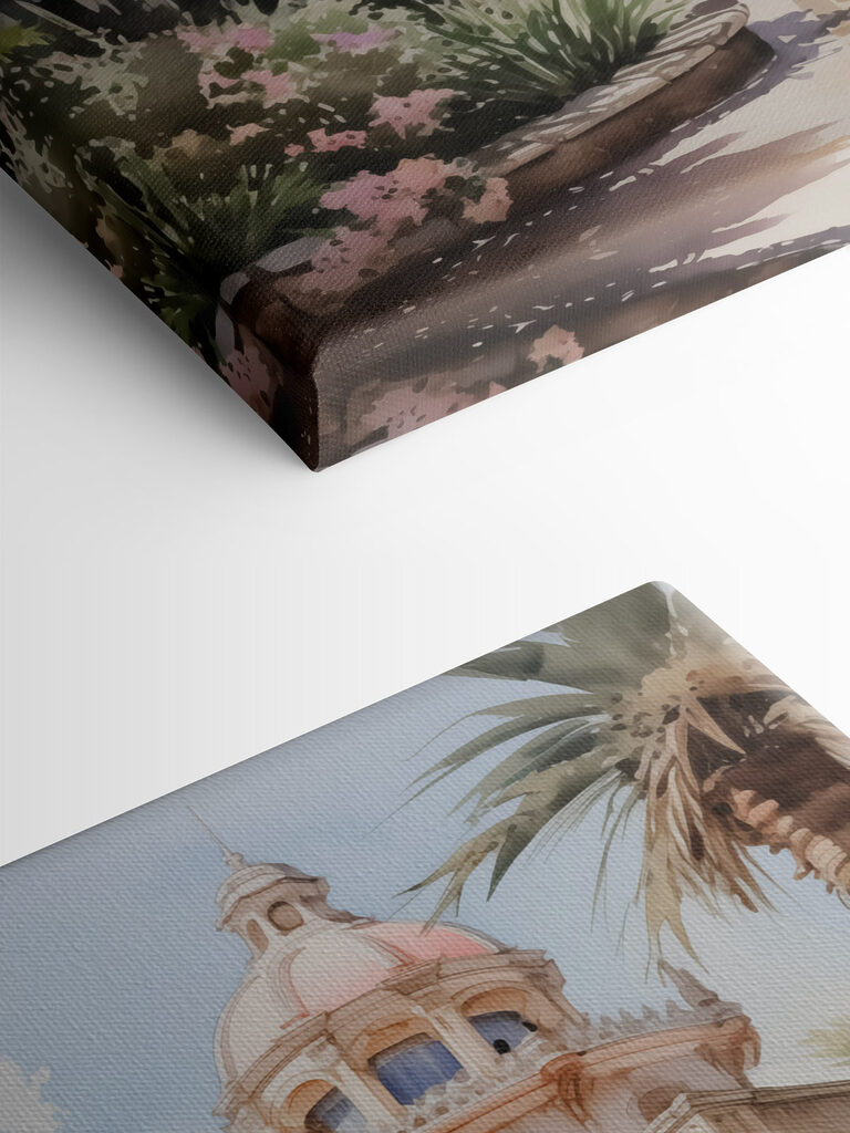 Watercolor painting of a building with a tower and stairs Watercolor painting of a building with a tower and stairs