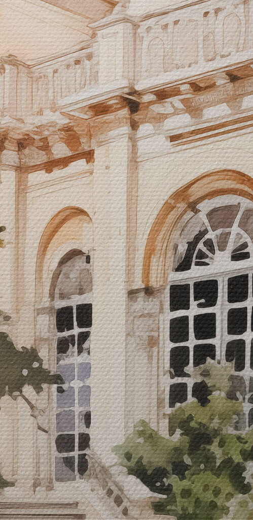 Watercolor painting of a building with a tower and stairs Watercolor painting of a building with a tower and stairs