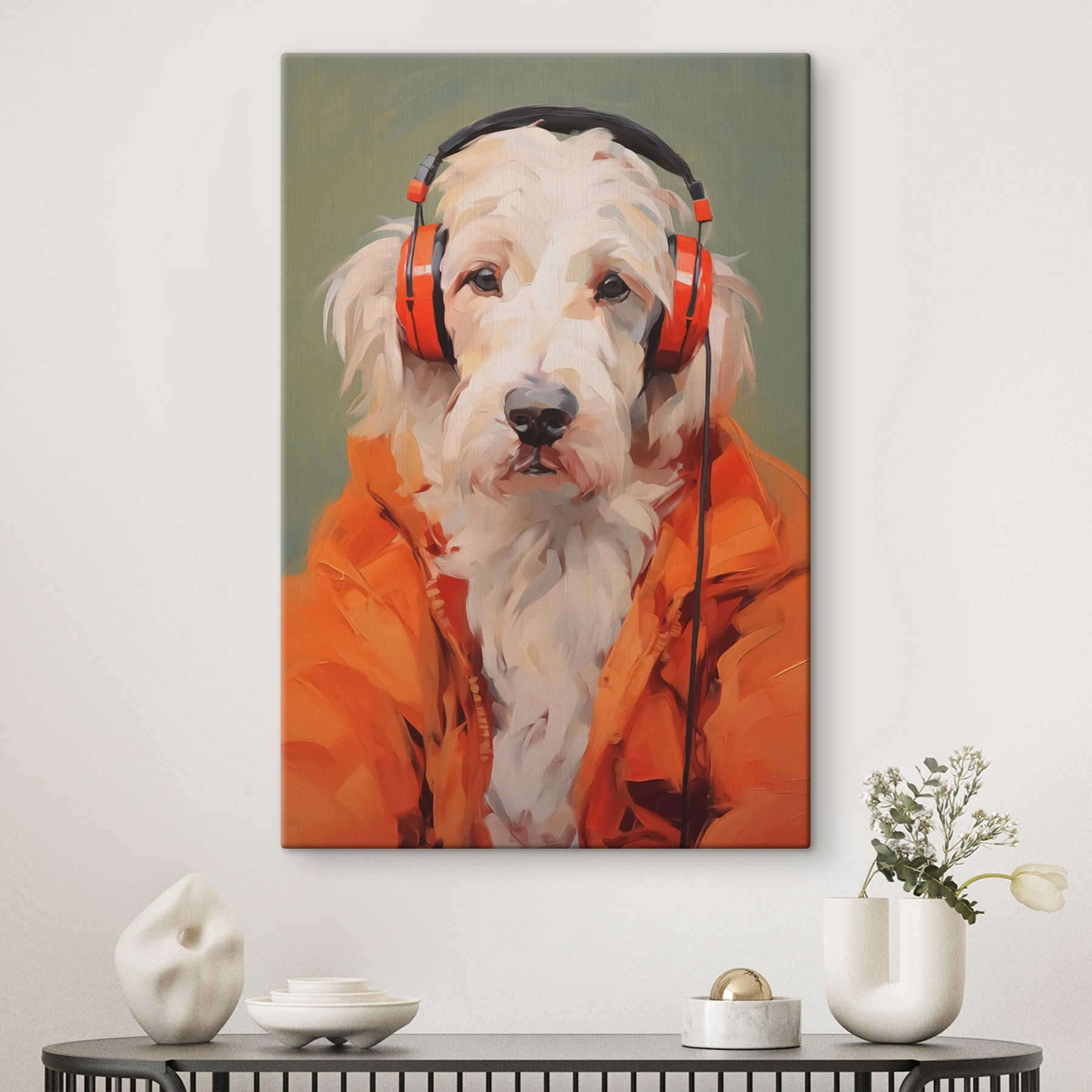 Dog wearing orange headphones