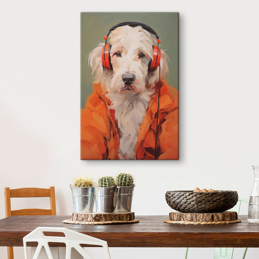 Dog wearing orange headphones