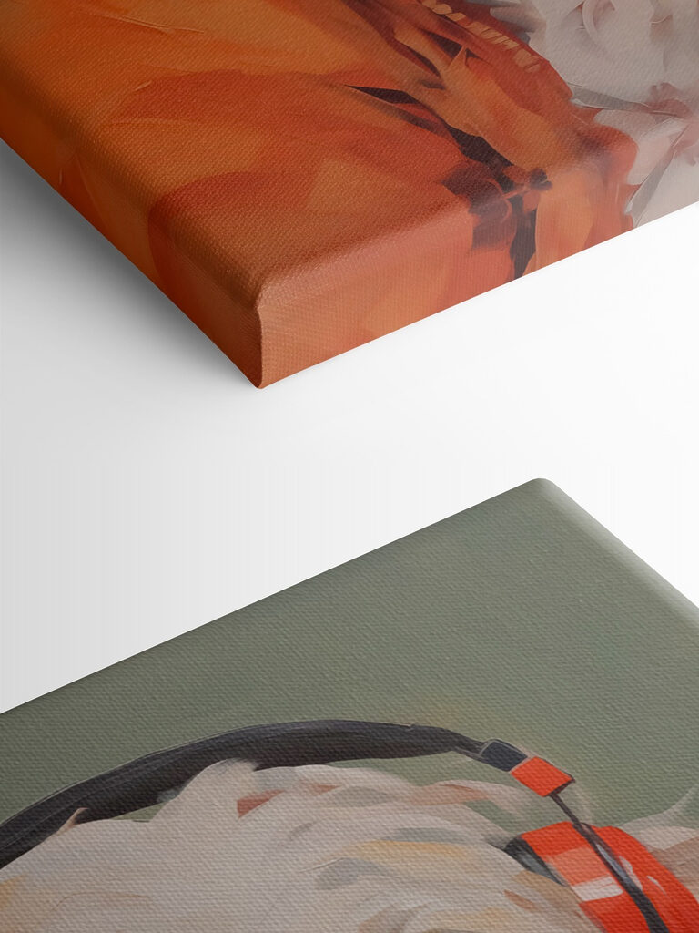 Dog wearing orange headphones