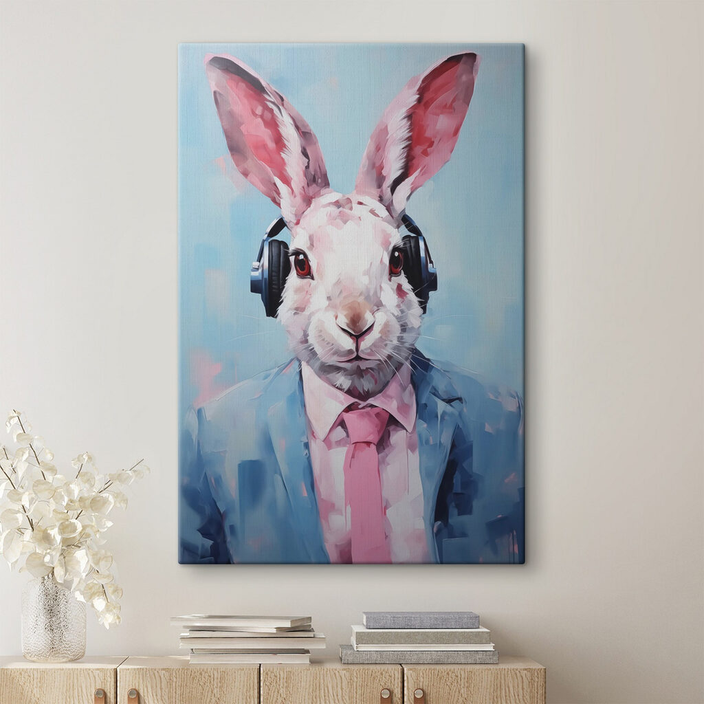 Rabbit wearing headphones and a suit