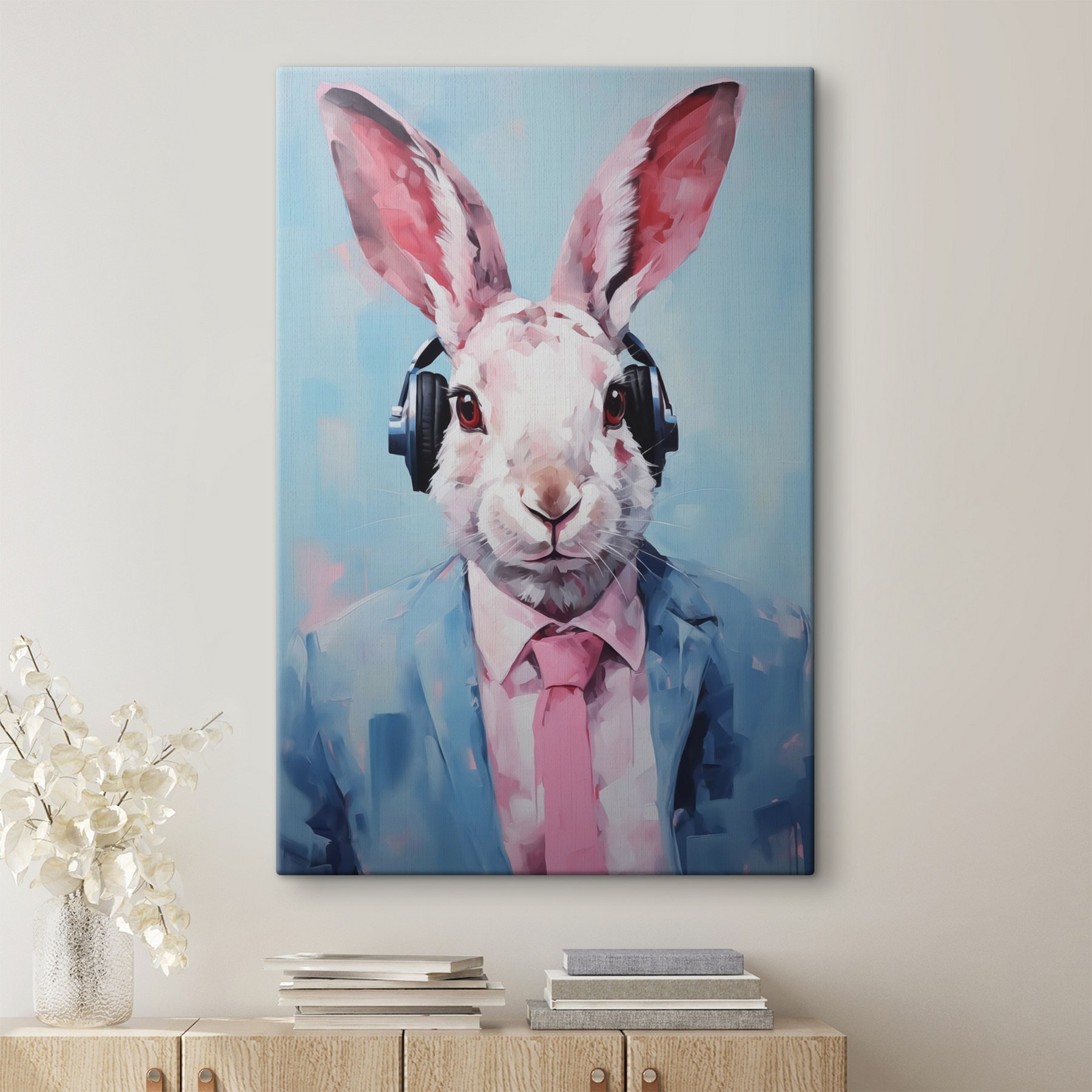 Rabbit wearing headphones and a suit