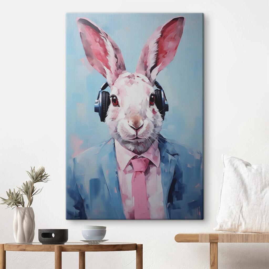 Rabbit wearing headphones and a suit