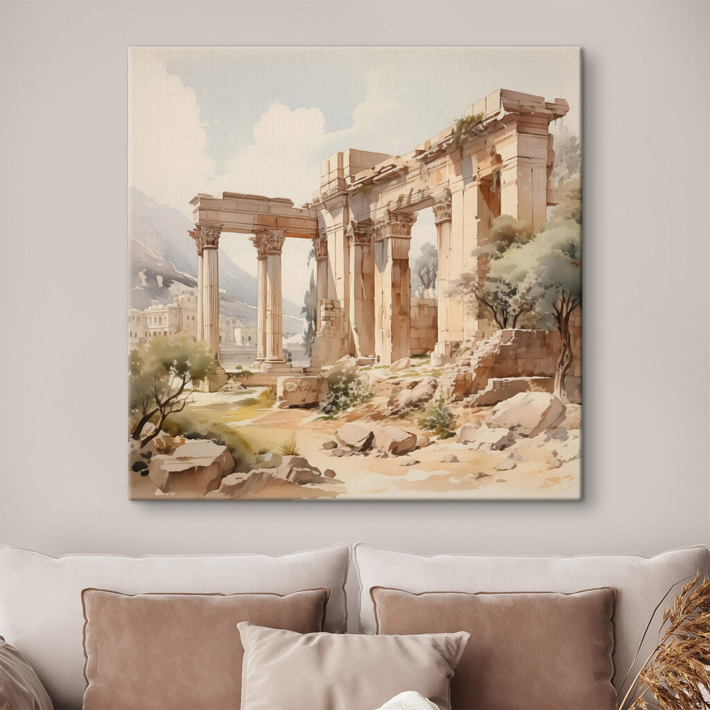 Painting of a stone building with columns Painting of a stone building with columns