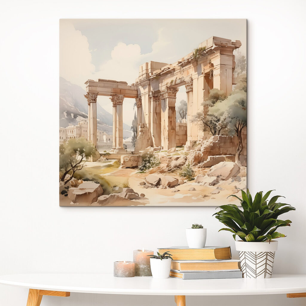 Painting of a stone building with columns Painting of a stone building with columns
