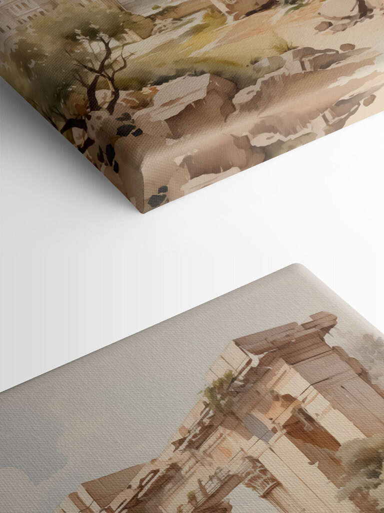 Painting of a stone building with columns Painting of a stone building with columns