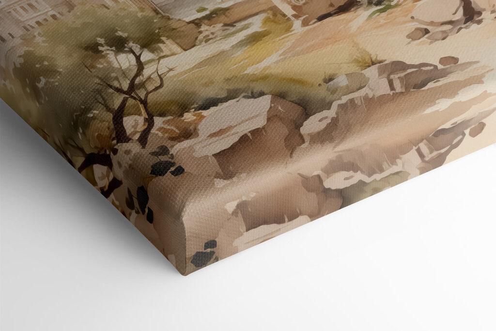 Painting of a stone building with columns Painting of a stone building with columns