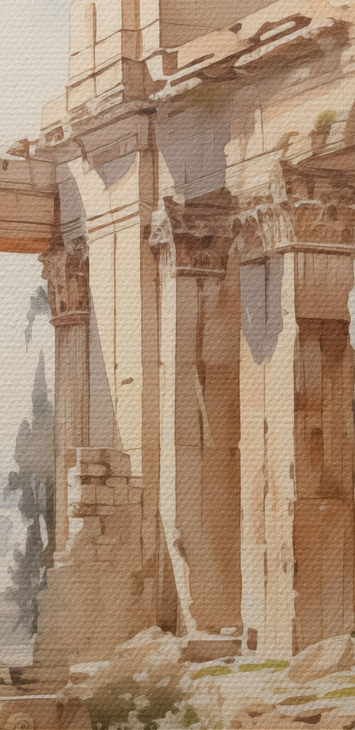 Painting of a stone building with columns Painting of a stone building with columns