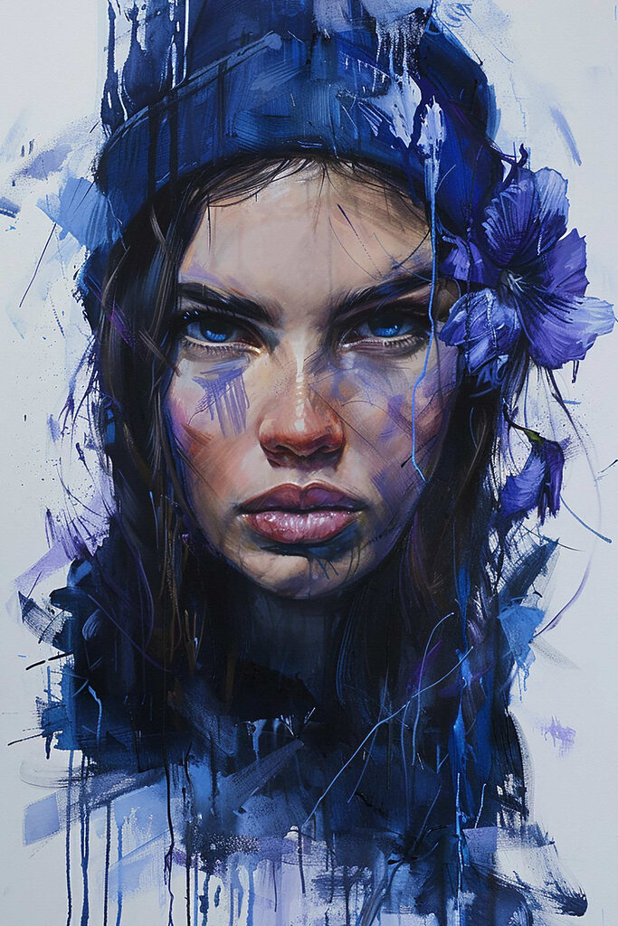 Painting of a woman with blue flowers in her hair