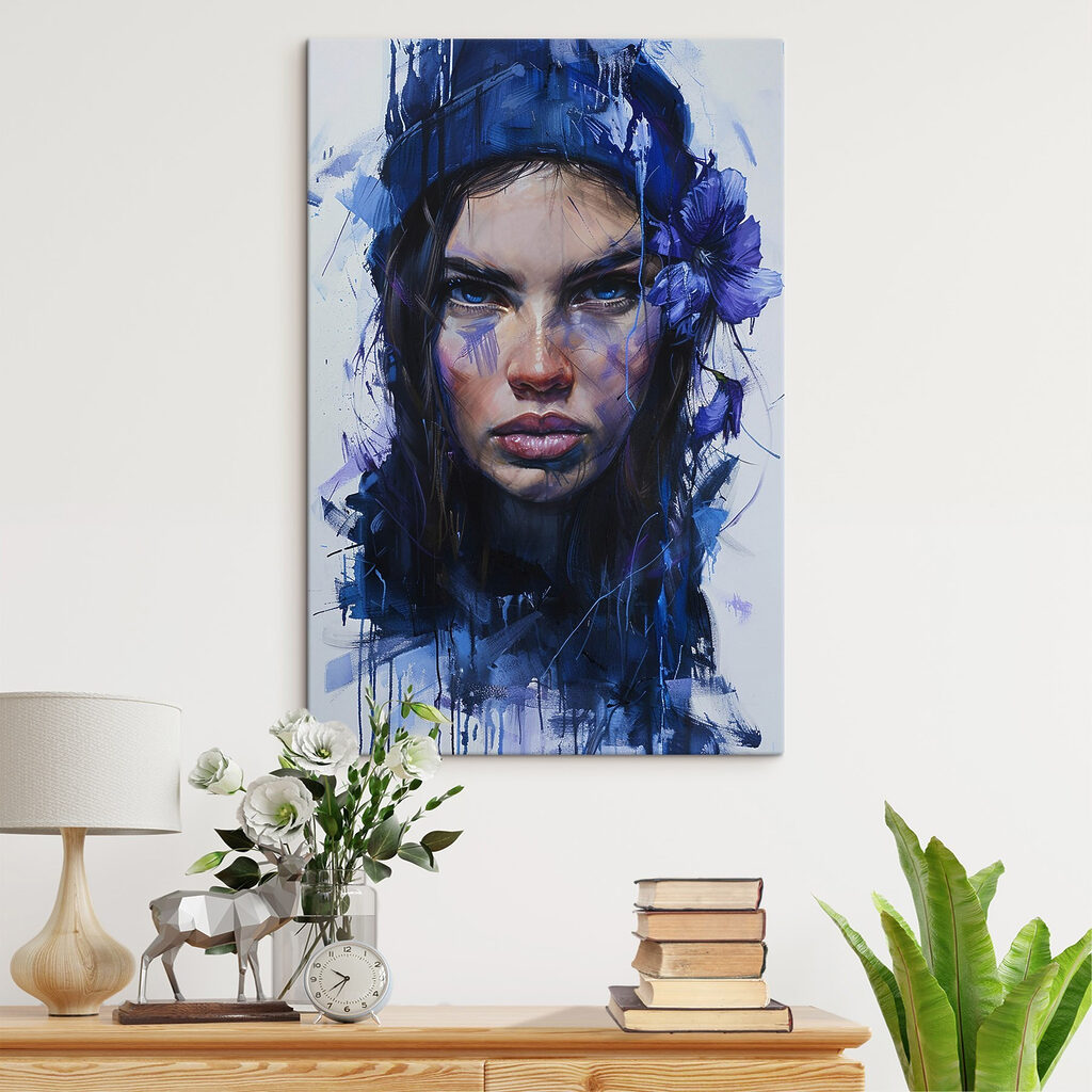 Painting of a woman with blue flowers in her hair