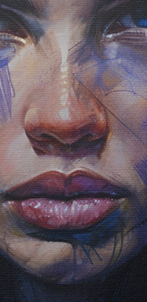 Painting of a woman with blue flowers in her hair