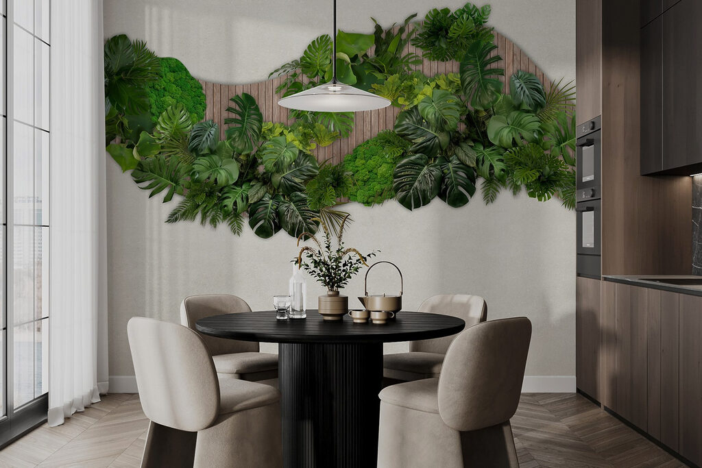 Group of green leaves on a wooden surface