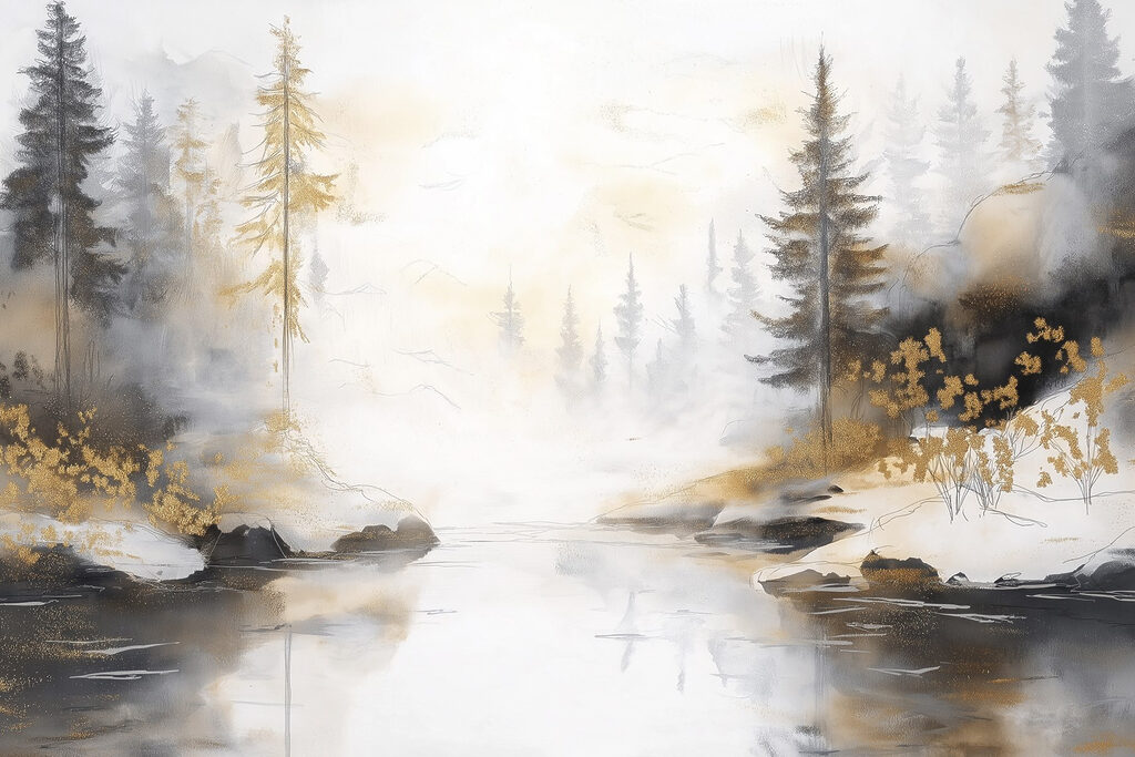Watercolor painting of a river with trees and fog Watercolor painting of a river with trees and fog