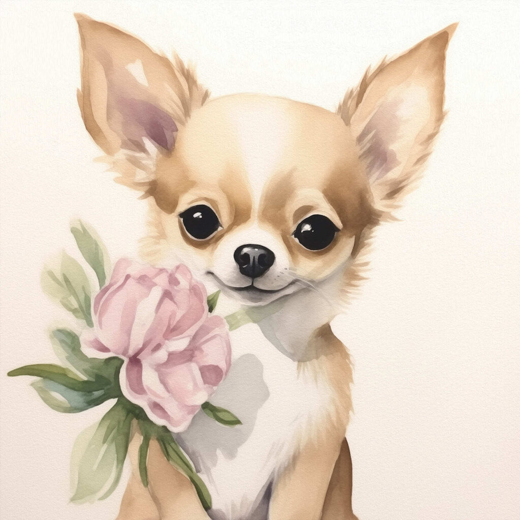 Painting of a dog holding a flower Painting of a dog holding a flower