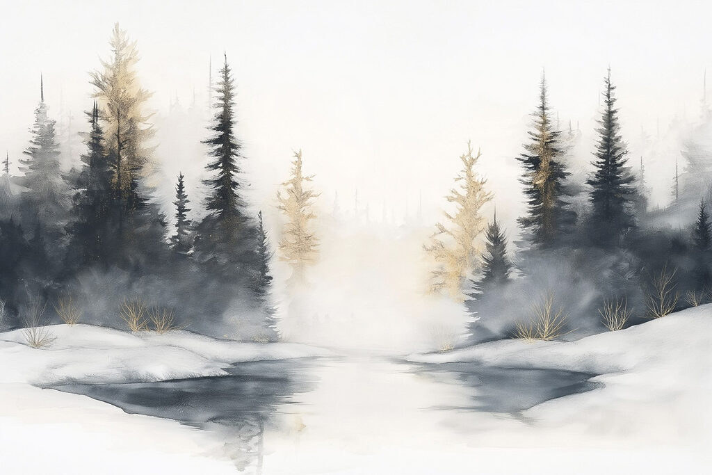 Watercolor painting of a snowy forest