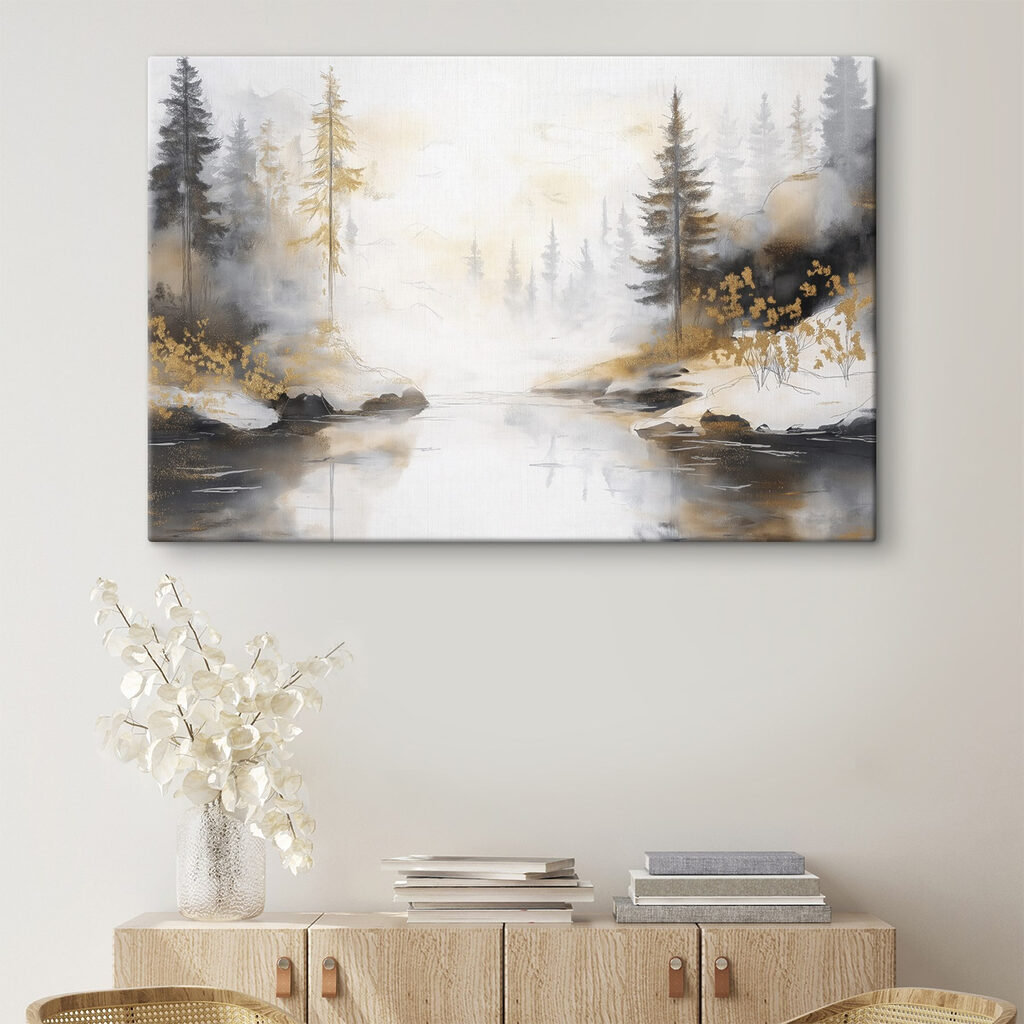 Watercolor painting of a river with trees and fog Watercolor painting of a river with trees and fog