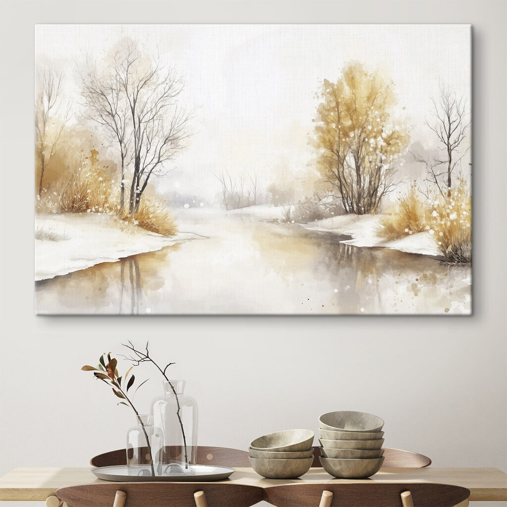 Watercolor of a river with trees and grass and snow Watercolor of a river with trees and grass and snow