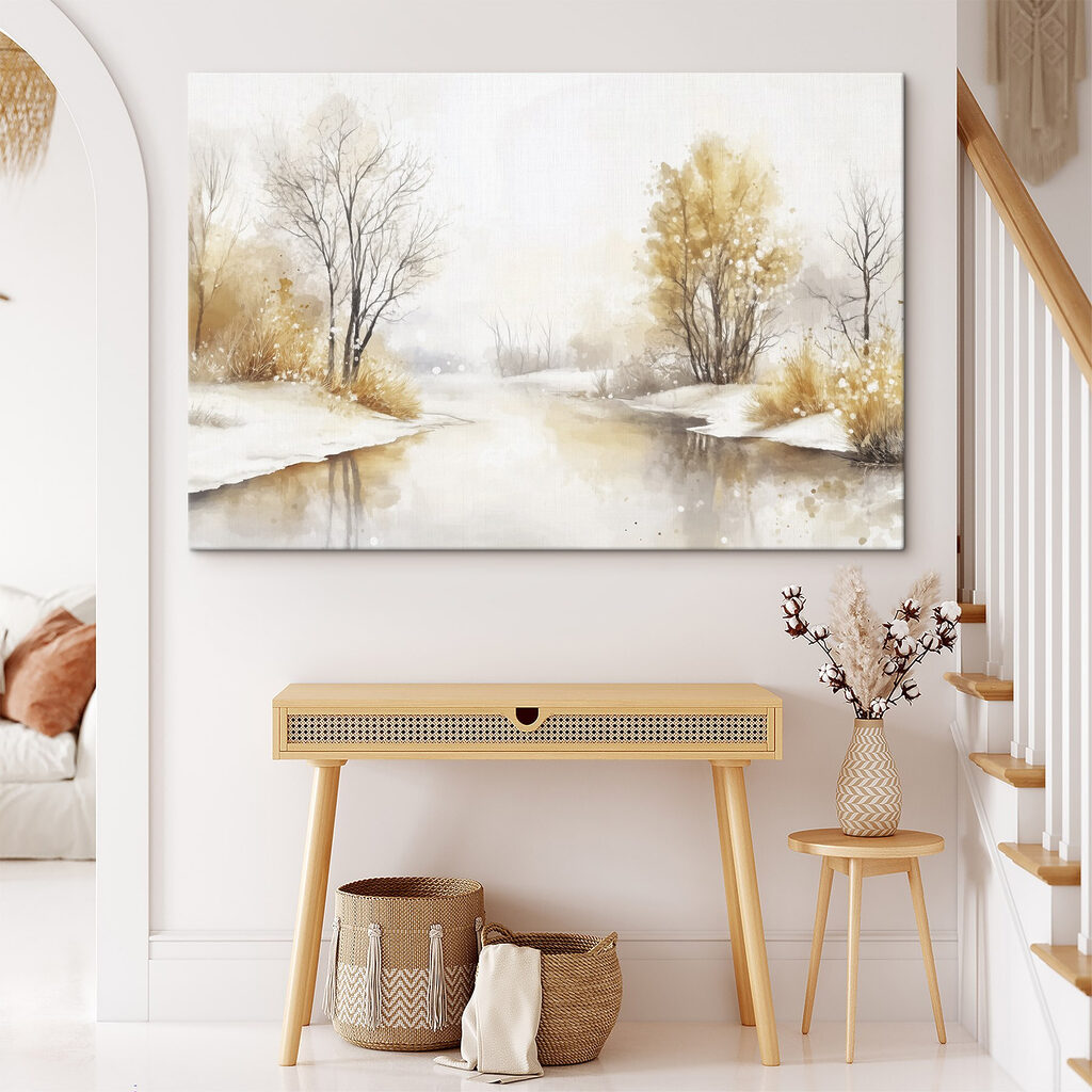 Watercolor of a river with trees and grass and snow Watercolor of a river with trees and grass and snow