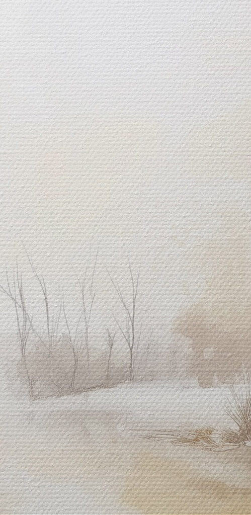 Watercolor of a river with trees and grass and snow Watercolor of a river with trees and grass and snow