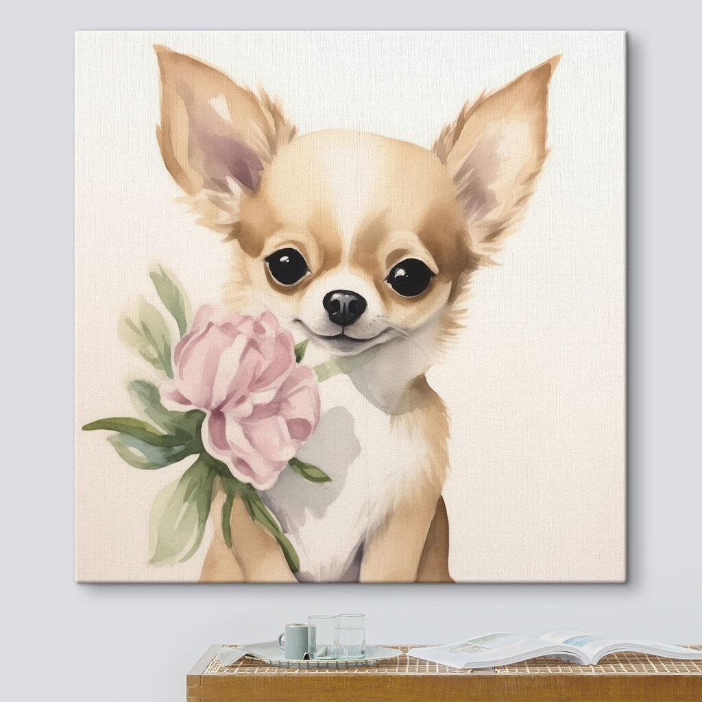 Painting of a dog holding a flower Painting of a dog holding a flower