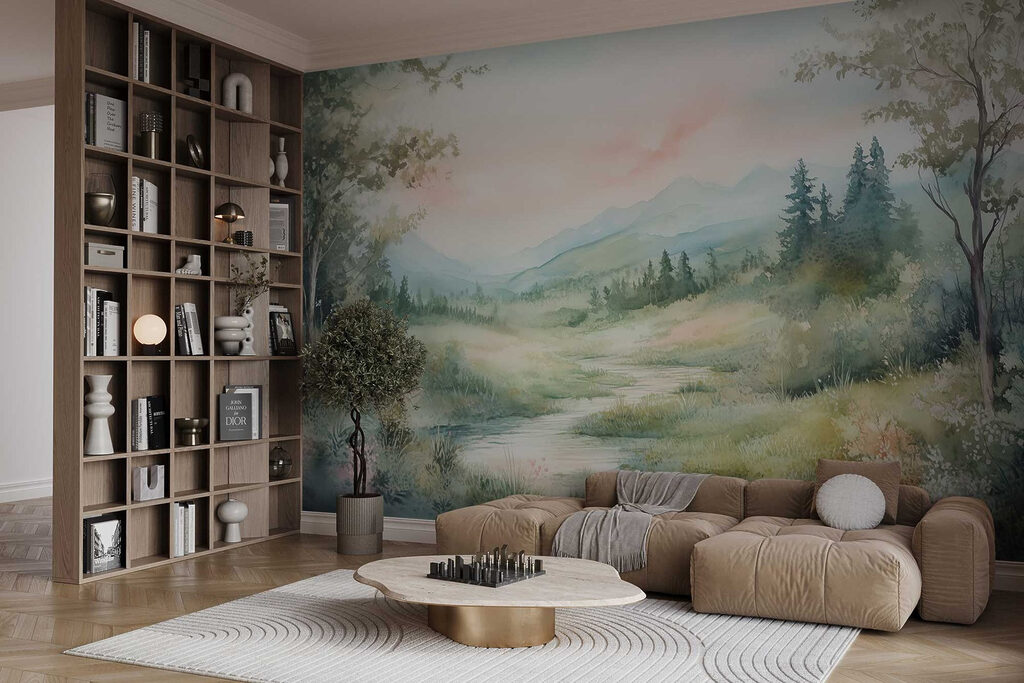 Watercolor painting of a river running through a valley Watercolor painting of a river running through a valley