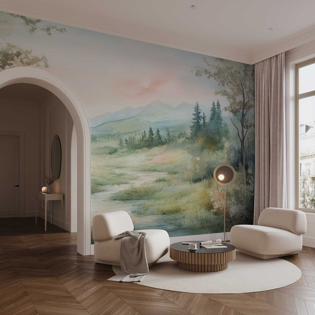 Watercolor painting of a river running through a valley Watercolor painting of a river running through a valley