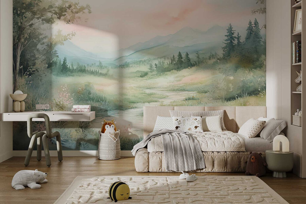 Watercolor painting of a river running through a valley Watercolor painting of a river running through a valley