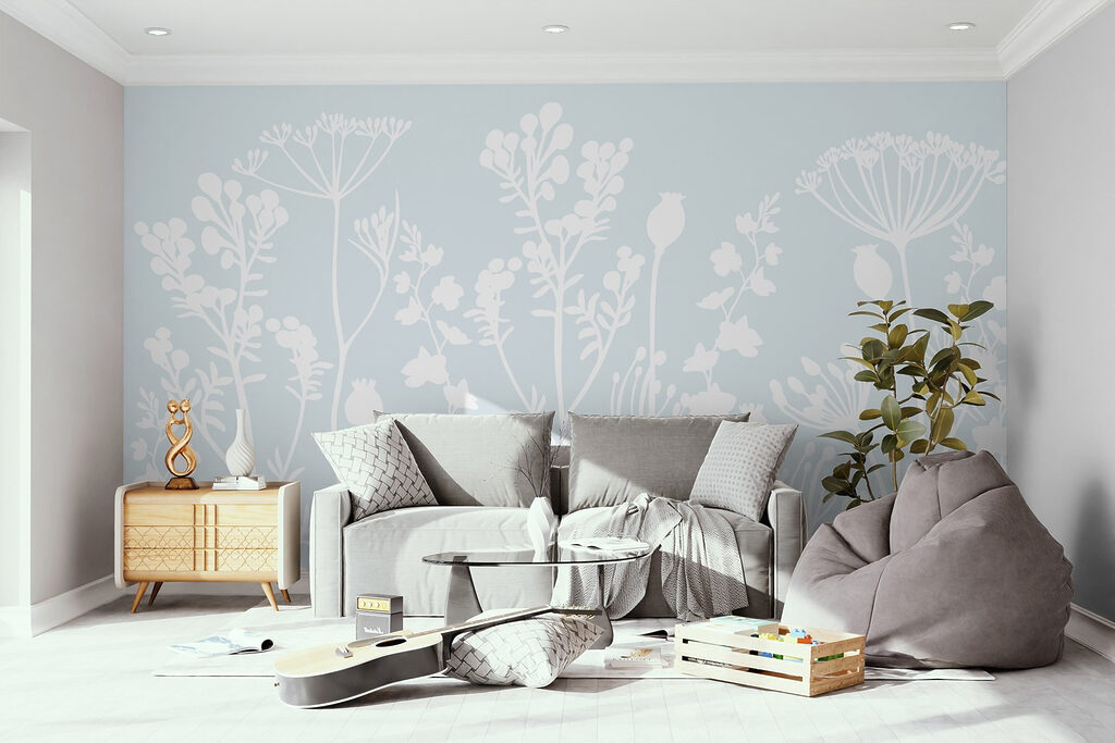 White flowers and leaves on a light blue background White flowers and leaves on a light blue background