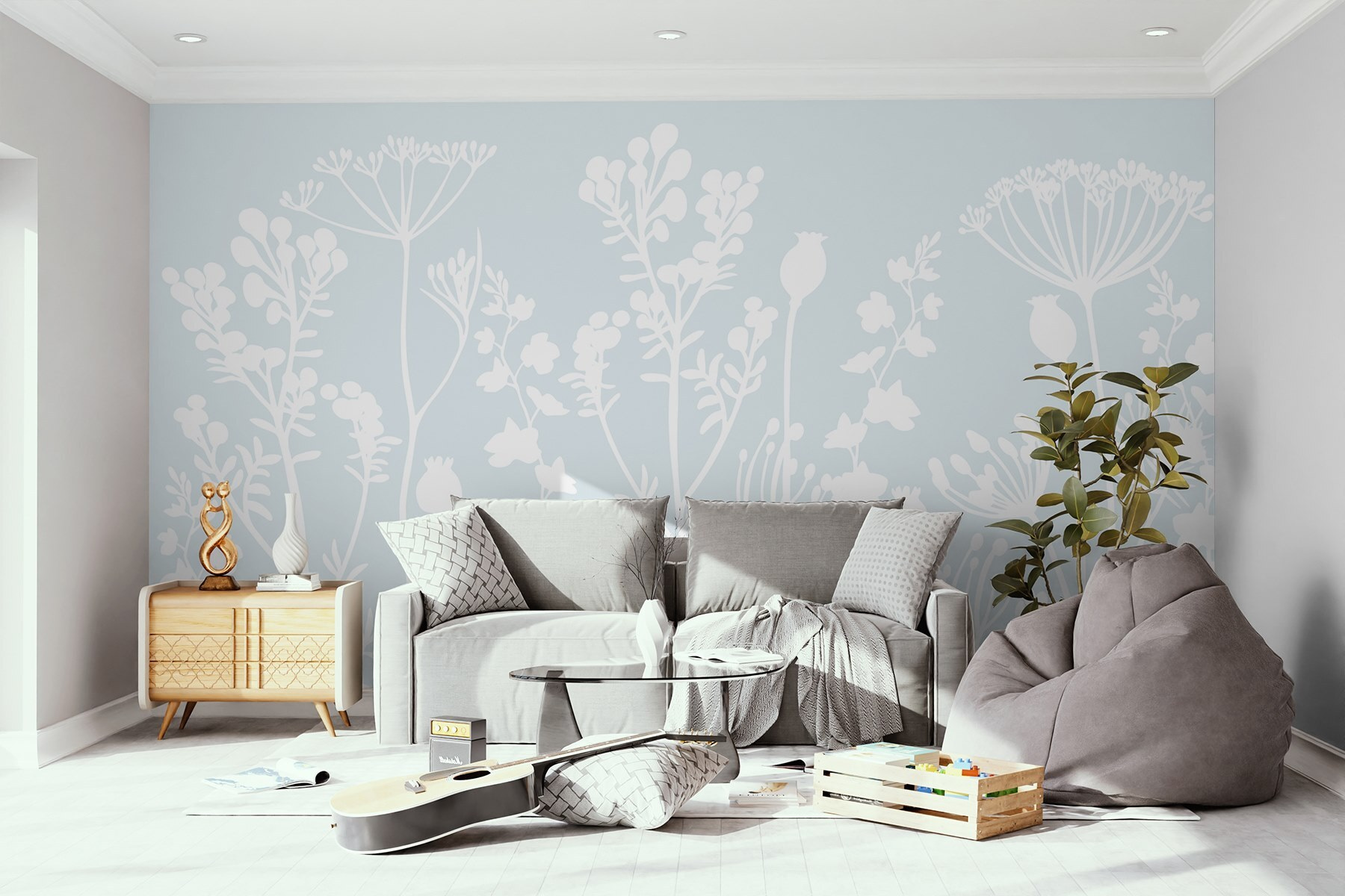 White flowers and leaves on a light blue background White flowers and leaves on a light blue background