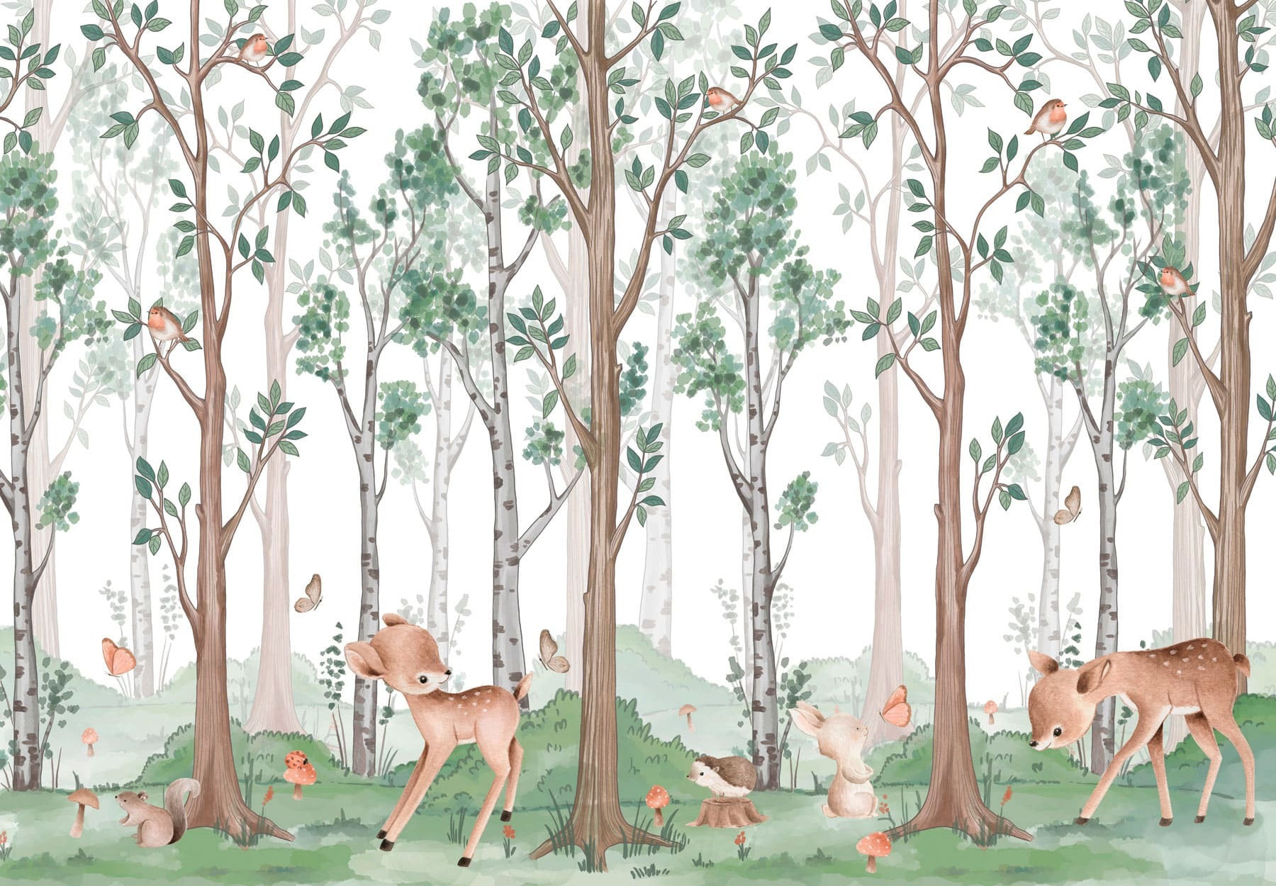 Wallpaper with a forest of trees and animals