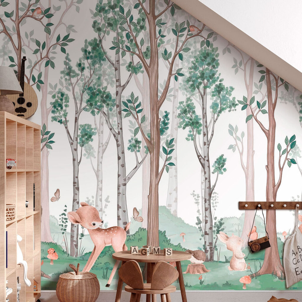 Wallpaper with a forest of trees and animals