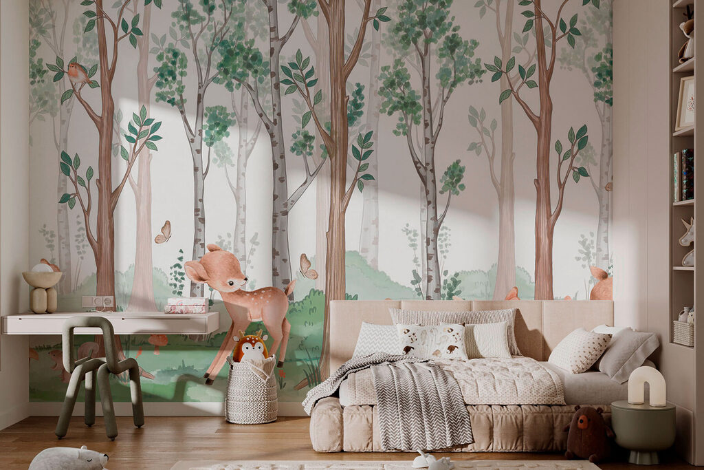 Wallpaper with a forest of trees and animals