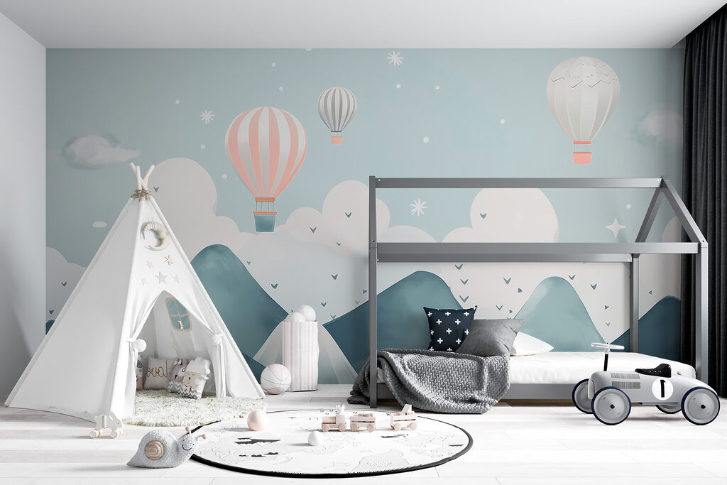 Hot air balloons flying over mountains Hot air balloons flying over mountains