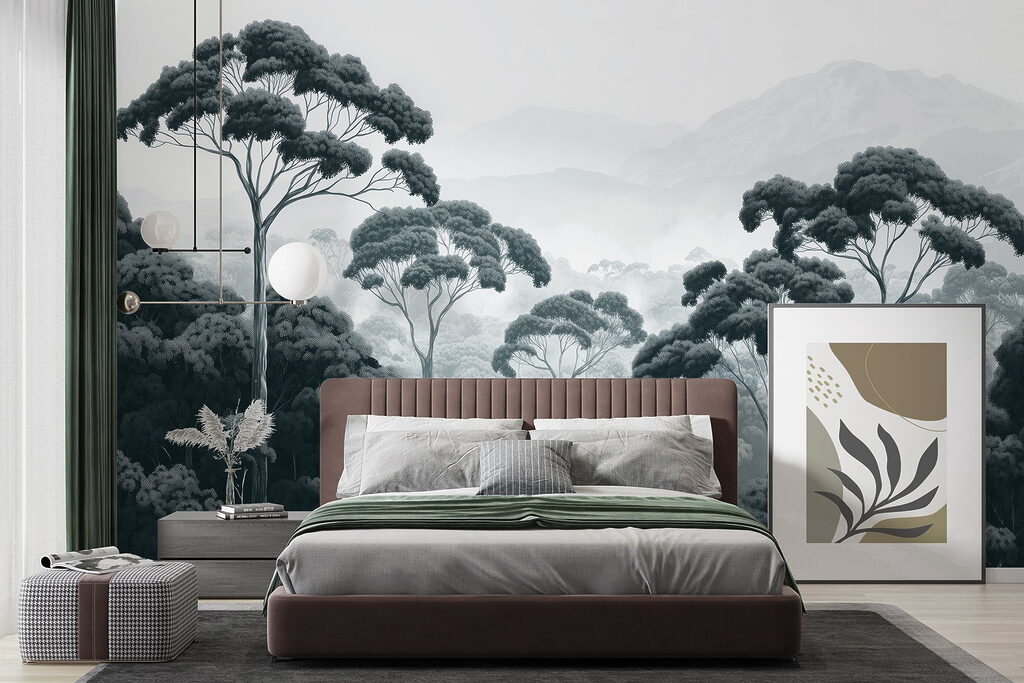 Forest with trees and mountains in the background