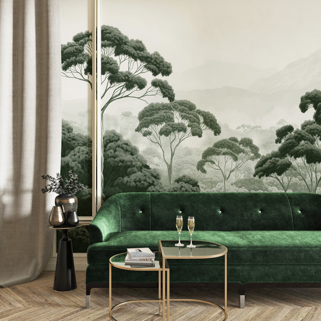 Forest with trees and mountains in the background