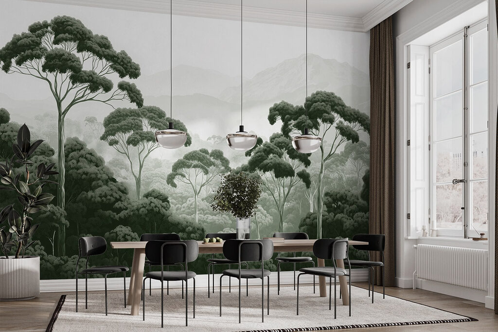 Forest with trees and mountains in the background