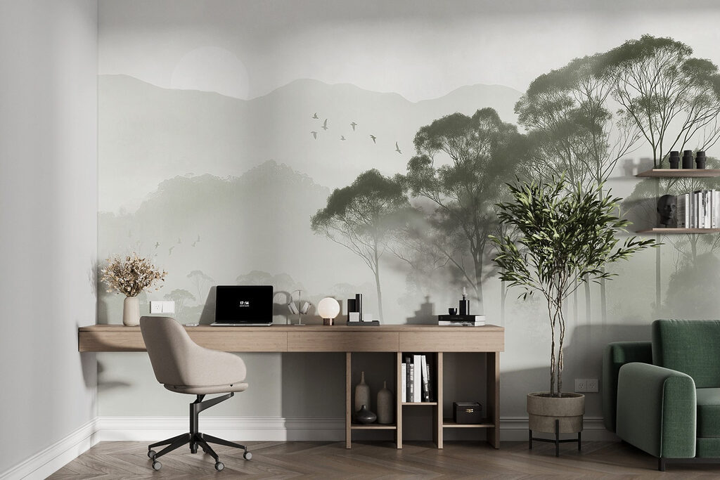 Birds flying over trees